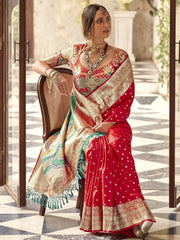 Beautiful Red Color Zari Weaving Silk Wedding Wear Saree With Blouse