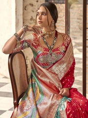 Beautiful Red Color Zari Weaving Silk Wedding Wear Saree With Blouse