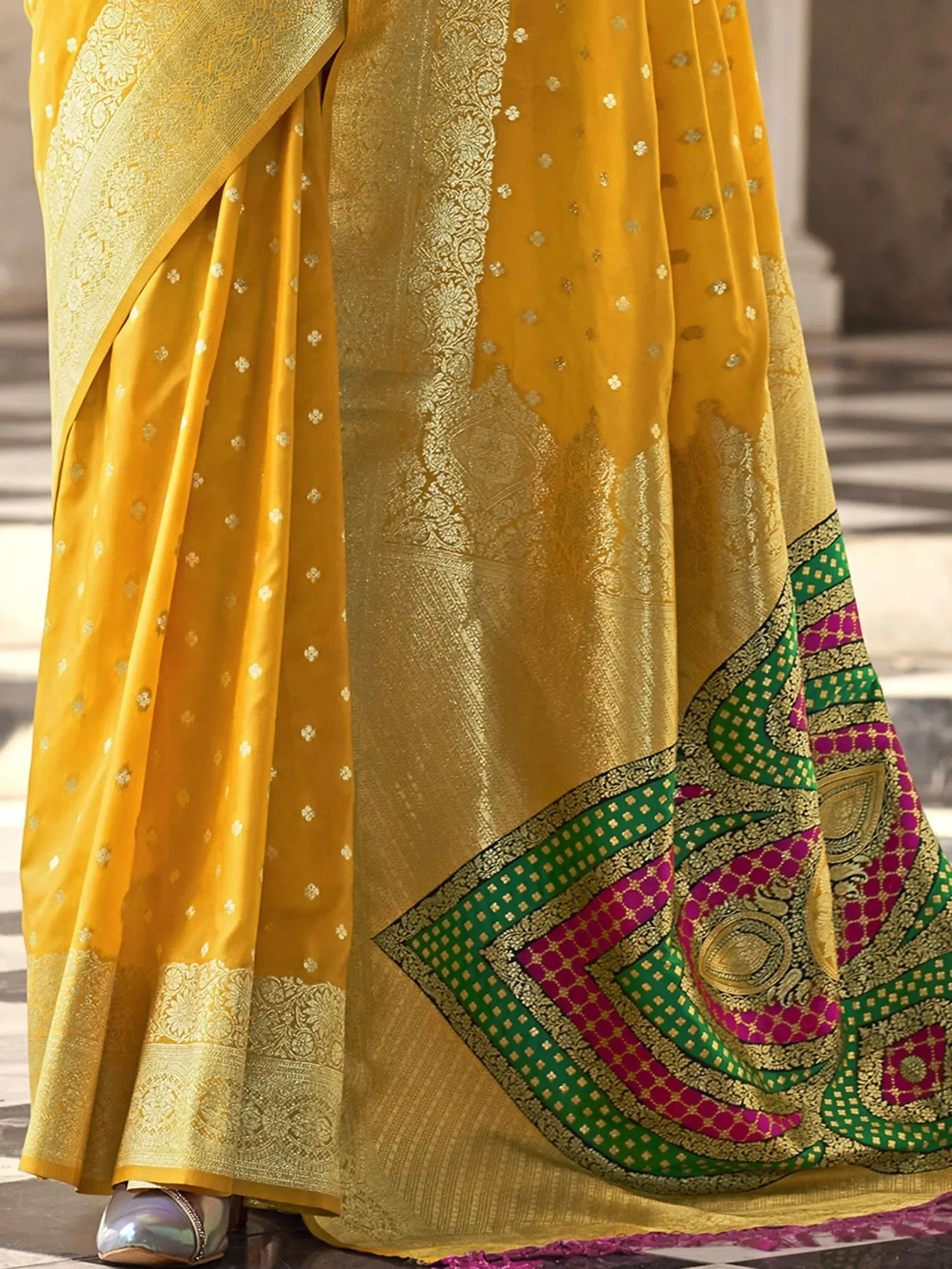 Yellow designer saree with gold embroidery and colorful border, Indian ethnic wear