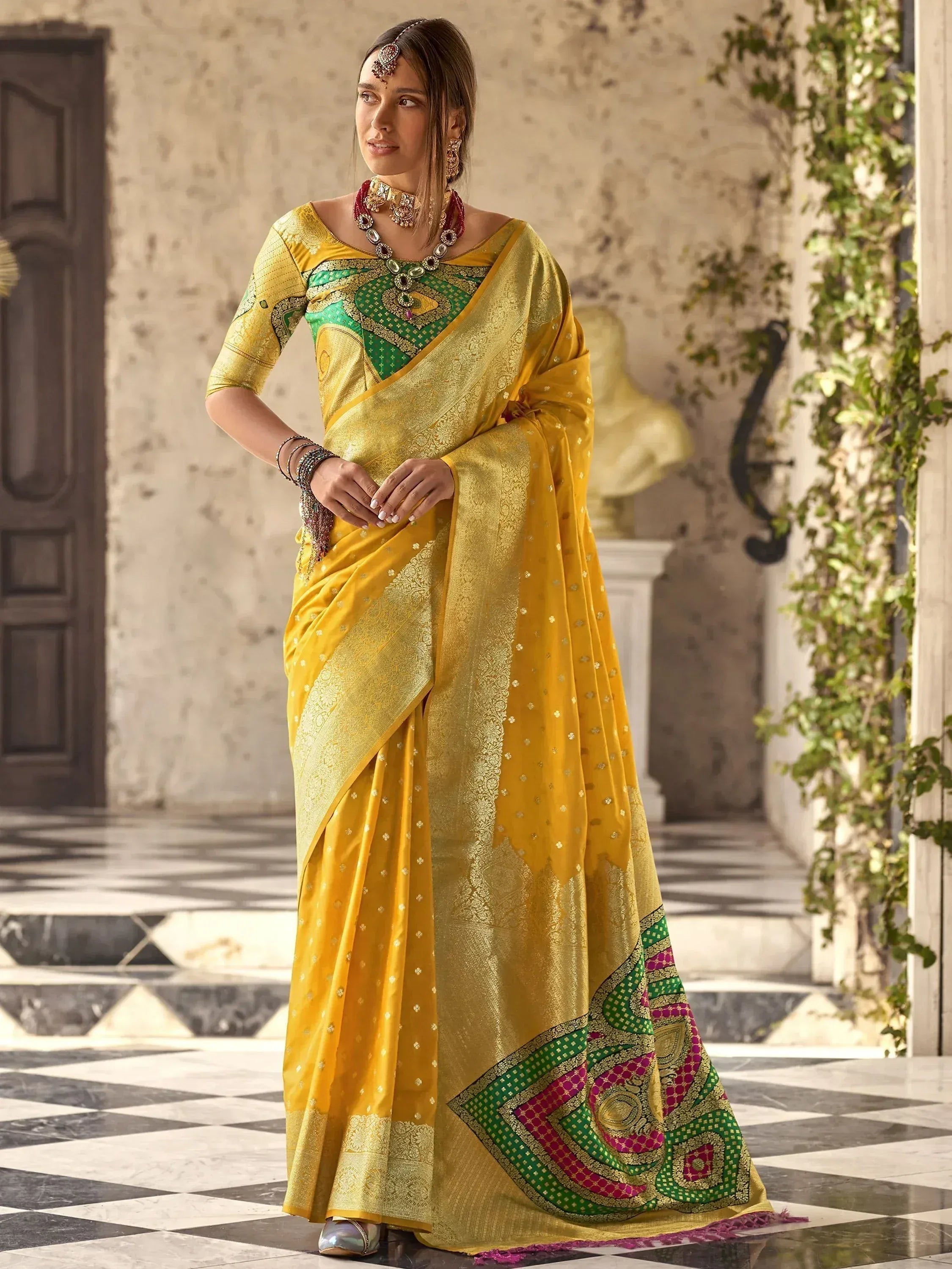 Yellow designer saree with green and pink border, ethnic wear for women