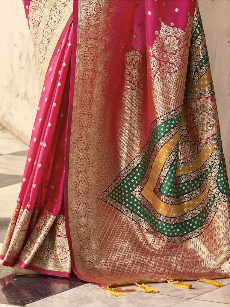 Enchanting Pink Zari Weaving Silk Wedding Wear Saree With Blouse