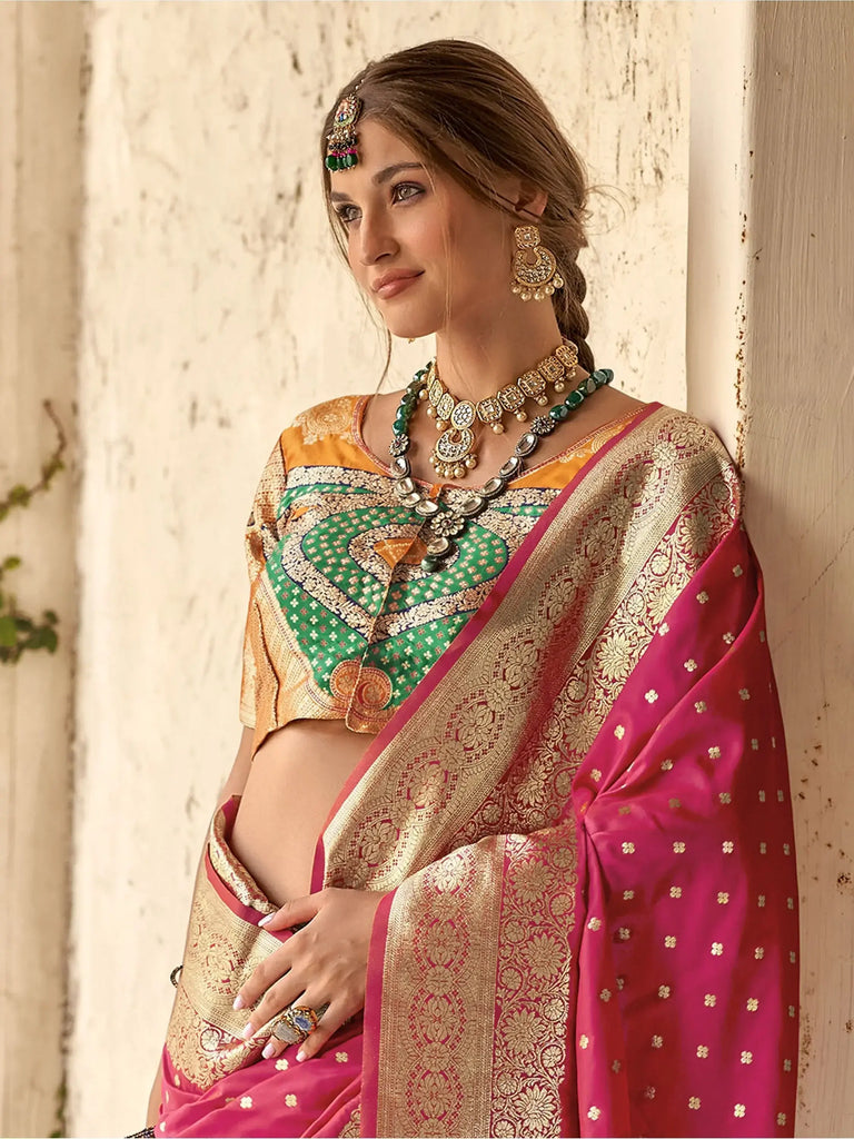 Enchanting Pink Zari Weaving Silk Wedding Wear Saree With Blouse