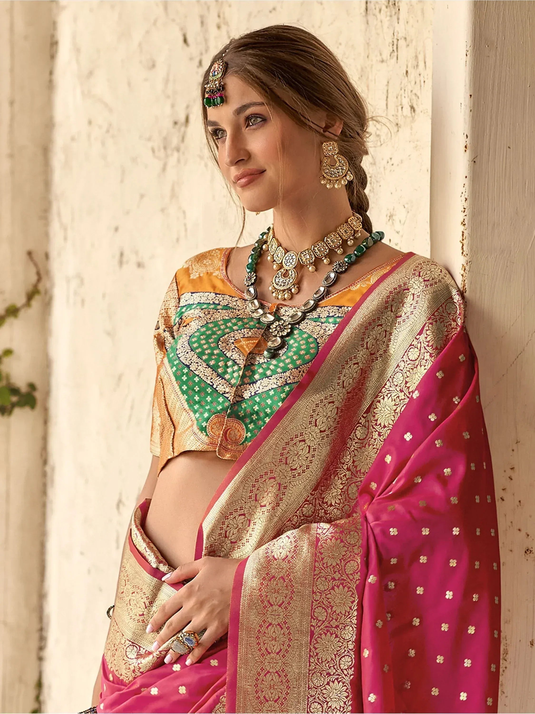 Enchanting Pink Zari Weaving Silk Wedding Wear Saree With Blouse