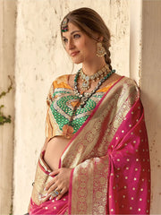 Enchanting Pink Zari Weaving Silk Wedding Wear Saree With Blouse