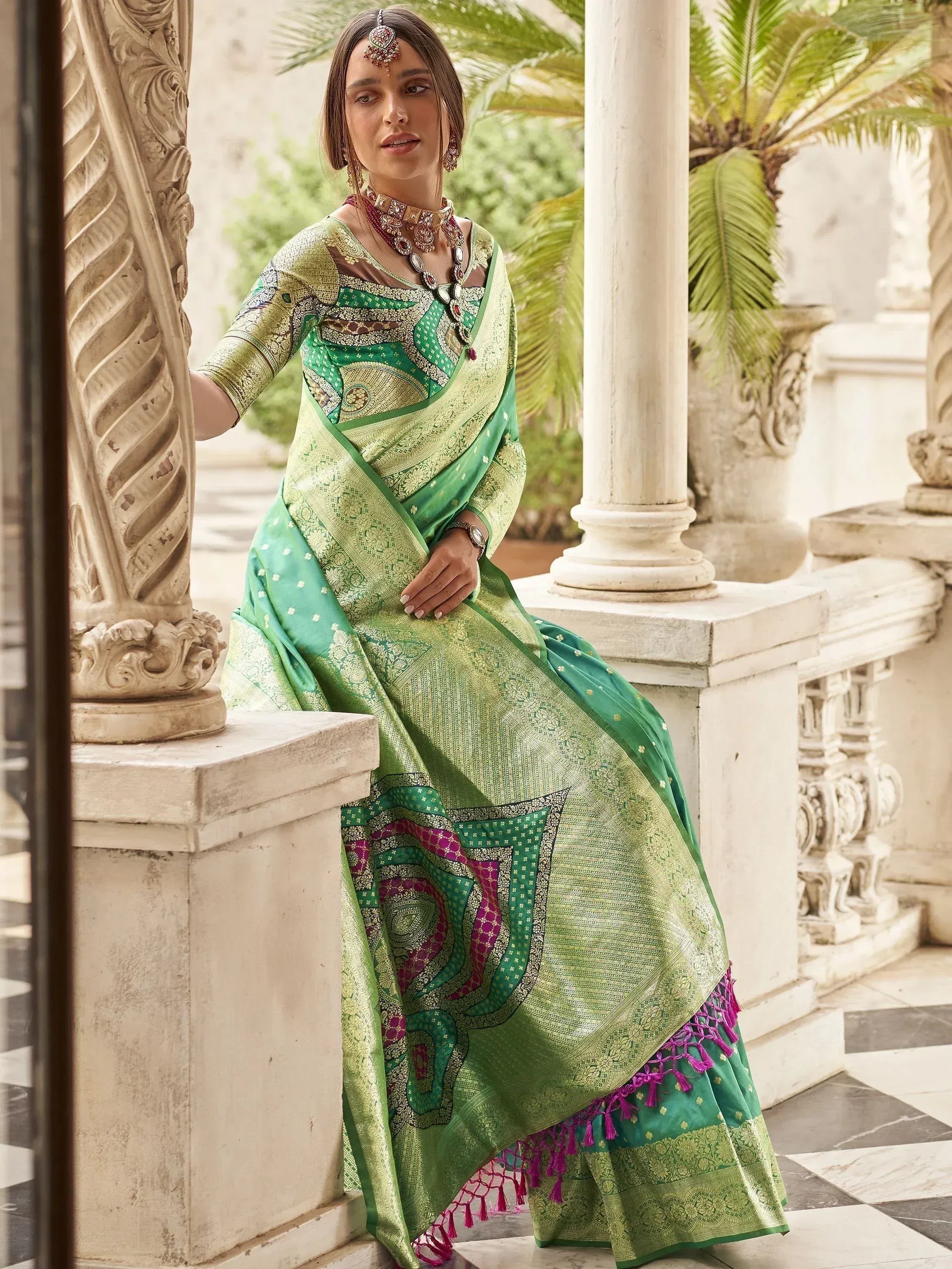 Superior Teal Green Zari Weaving Silk Function Wear Saree With Blouse