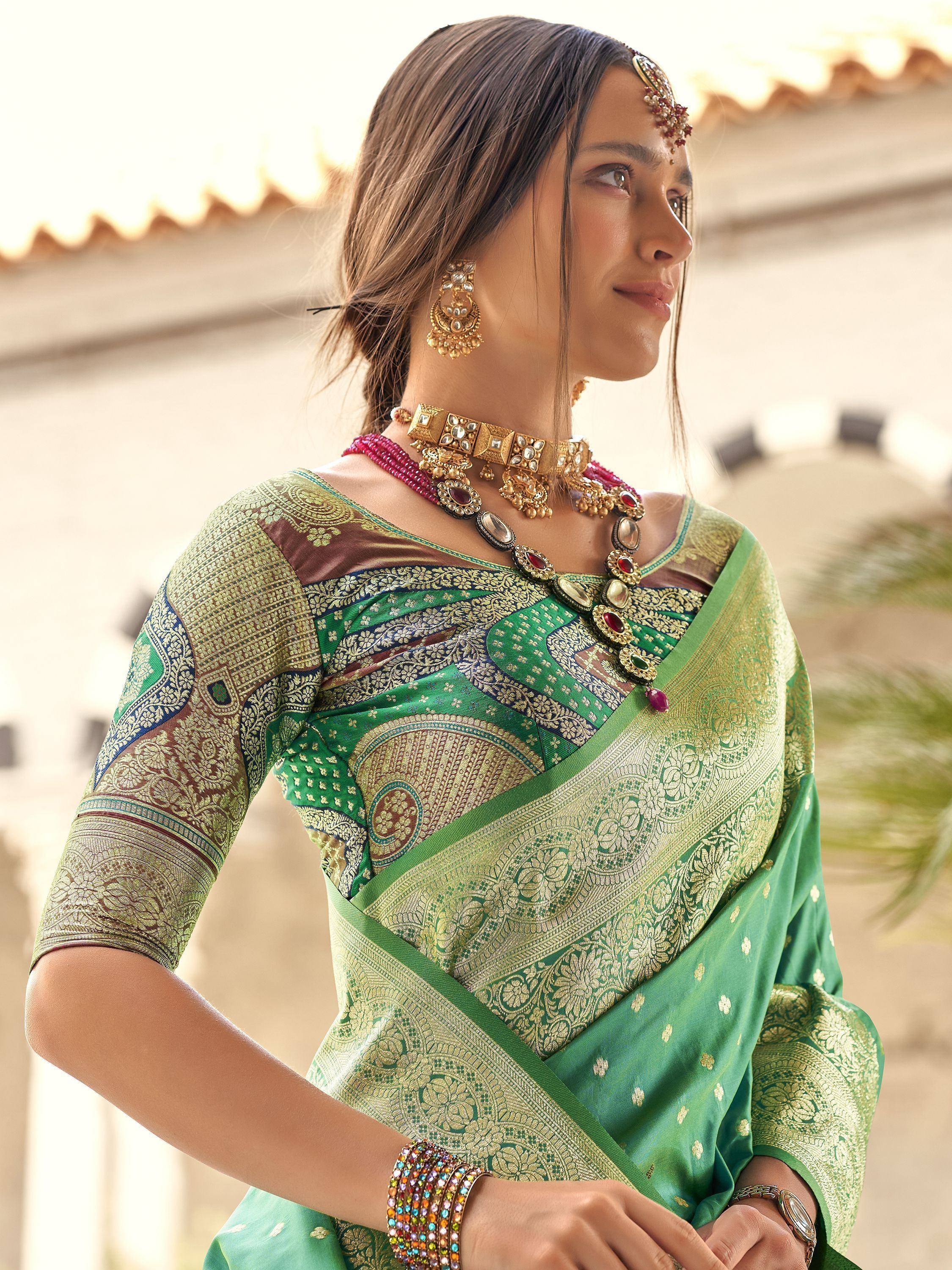 Superior Teal Green Zari Weaving Silk Function Wear Saree With Blouse