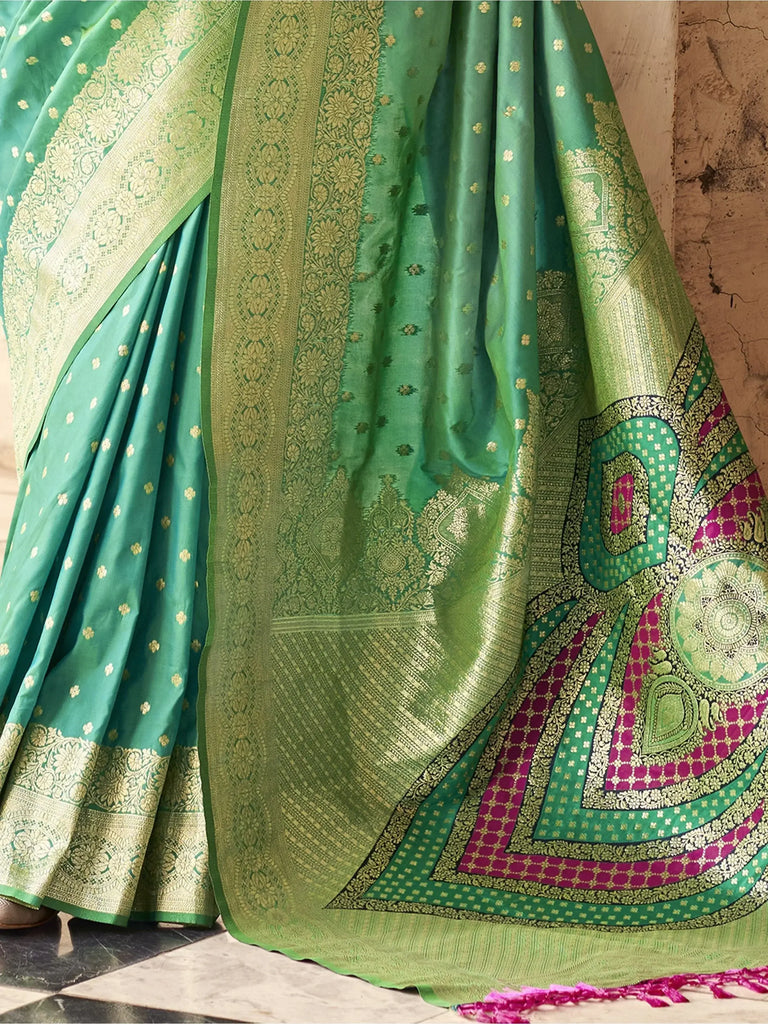 Superior Teal Green Zari Weaving Silk Function Wear Saree With Blouse