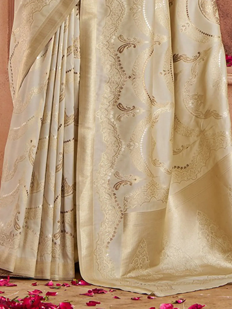 Attractive Cream Color Zari Weaving Banarasi Silk Wedding Wear Saree