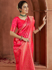 Appealing Coral Red Zari Weaving Banarasi Silk Event Wear Saree