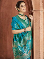 Alluring Teal Blue Zari Weaving Banarasi Silk Function Wear Saree