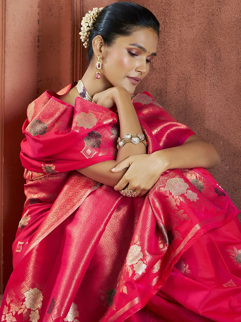 Charming Pink Color Zari Weaving Banarasi Silk Wedding Wear Saree