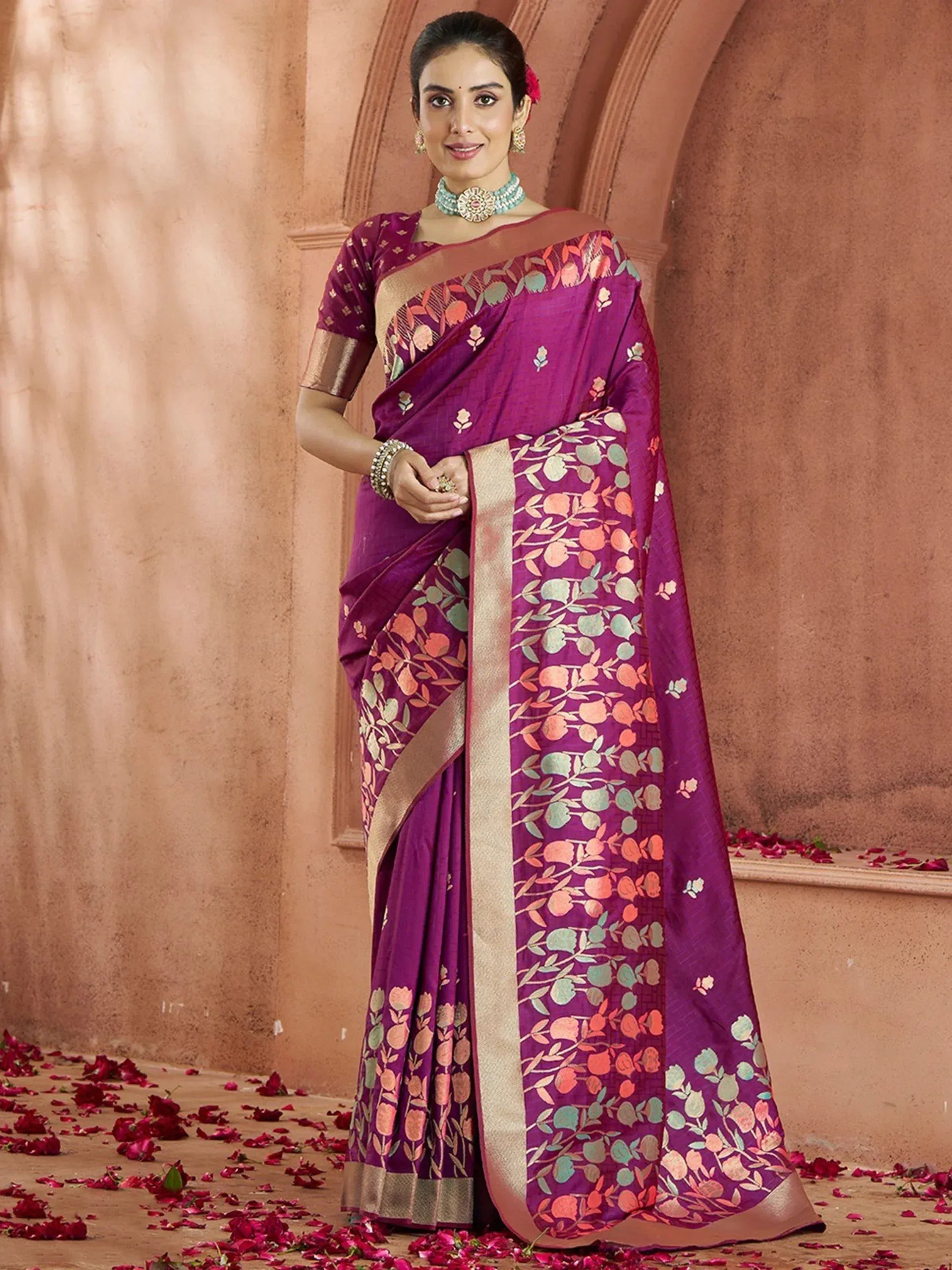Purple floral saree with gold border, Indian ethnic wear for women, designer silk saree with blouse