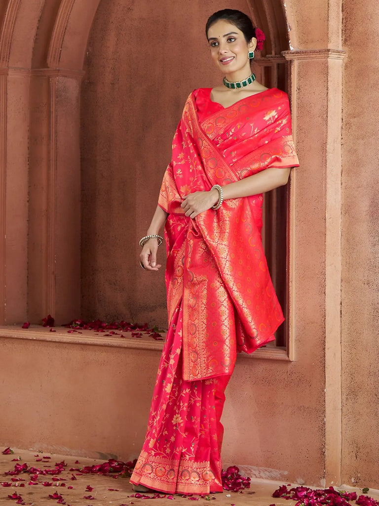 Appealing Coral Red Zari Weaving Banarasi Silk Event Wear Saree