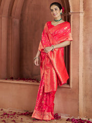 Appealing Coral Red Zari Weaving Banarasi Silk Event Wear Saree