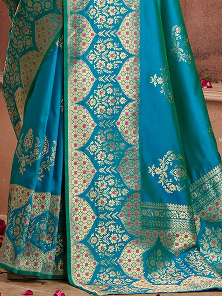 Alluring Teal Blue Zari Weaving Banarasi Silk Function Wear Saree