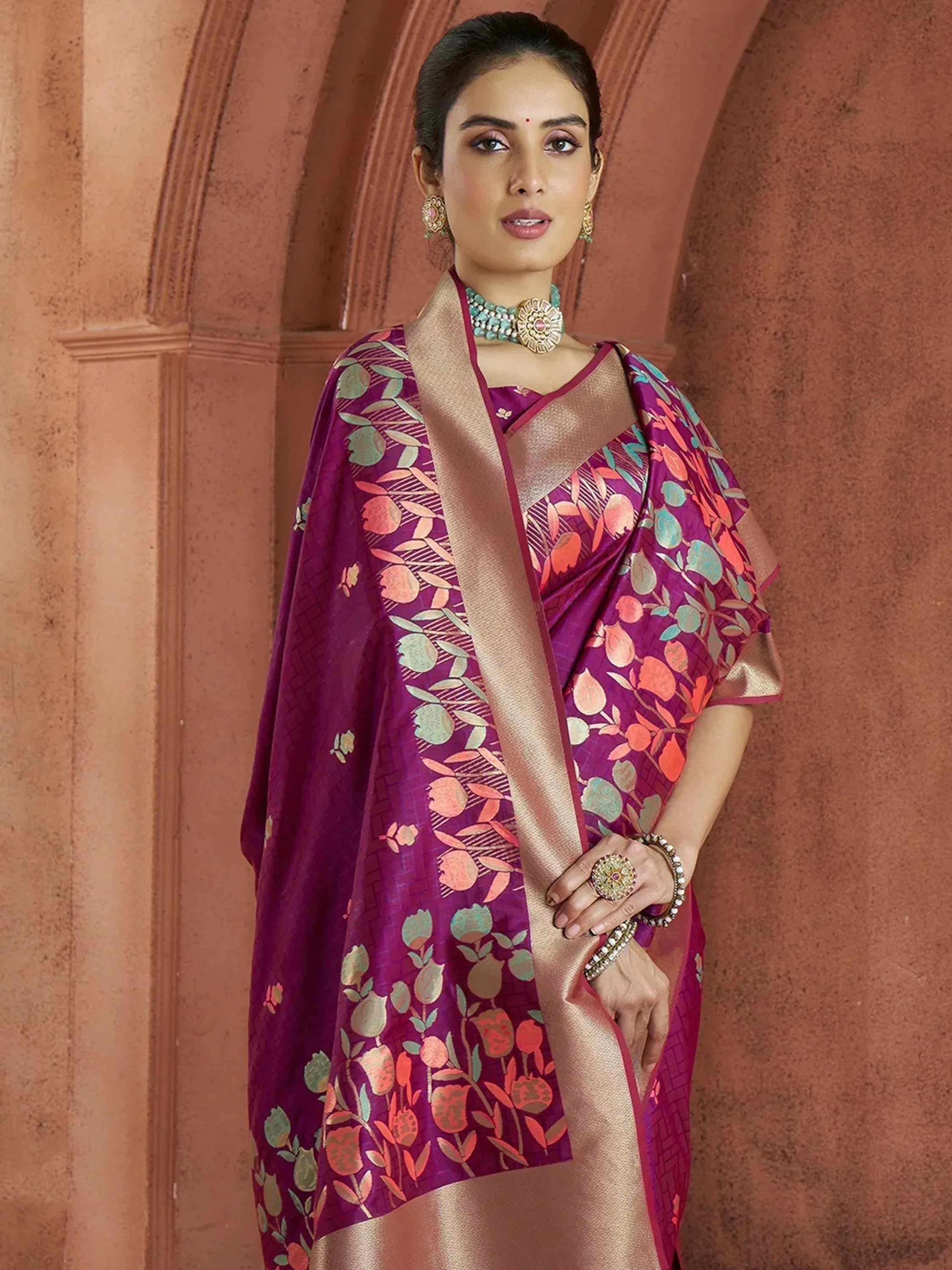 Purple floral saree with gold border, traditional Indian ethnic wear for women