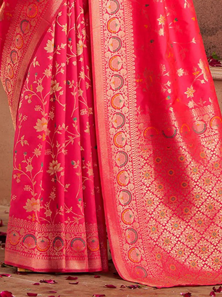 Appealing Coral Red Zari Weaving Banarasi Silk Event Wear Saree