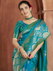 Alluring Teal Blue Zari Weaving Banarasi Silk Function Wear Saree