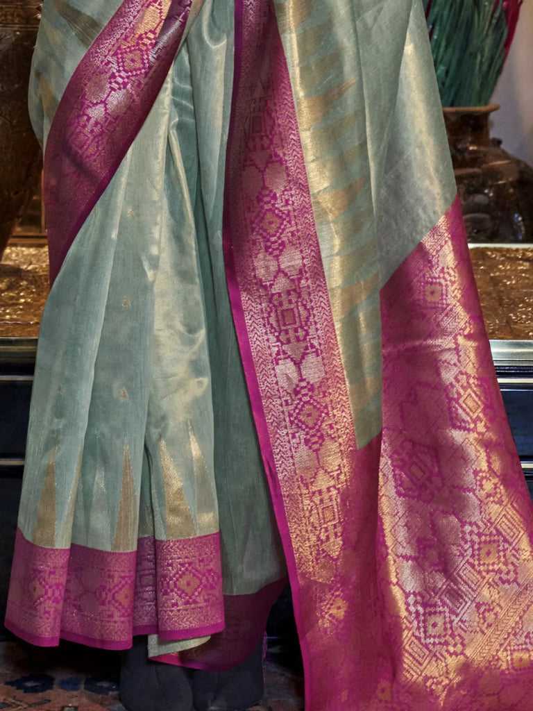 Charming Green Handwoven Tissue Silk Event Wear Saree With Blouse