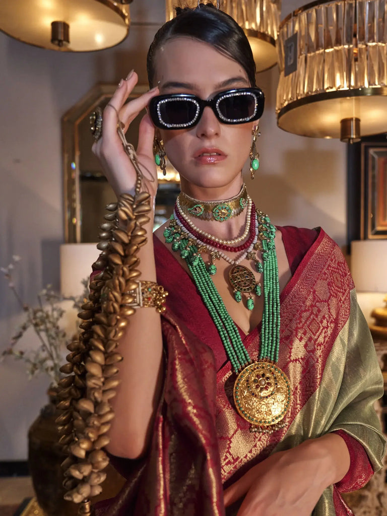 Cute Pista Green Handwoven Tissue Silk Event Wear Saree With Blouse