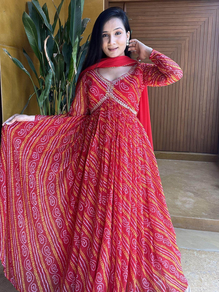 Captivating Red Bandhani Printed Georgette Gown With Dupatta