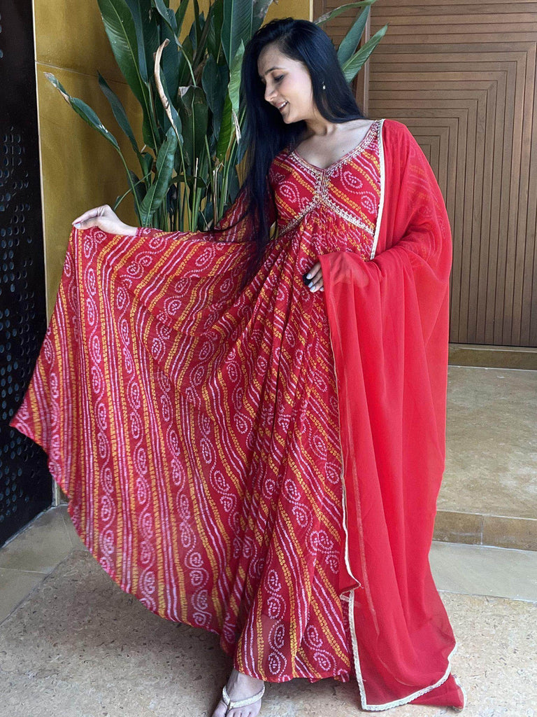 Captivating Red Bandhani Printed Georgette Gown With Dupatta