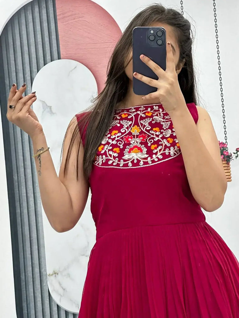 Gorgeous Rani Pink Embroidered Georgette Gown With Bandhani Jacket