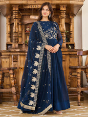 Lovely Navy Blue Embroidered Georgette Wedding Wear Gown With Dupatta