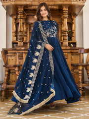 Lovely Navy Blue Embroidered Georgette Wedding Wear Gown With Dupatta
