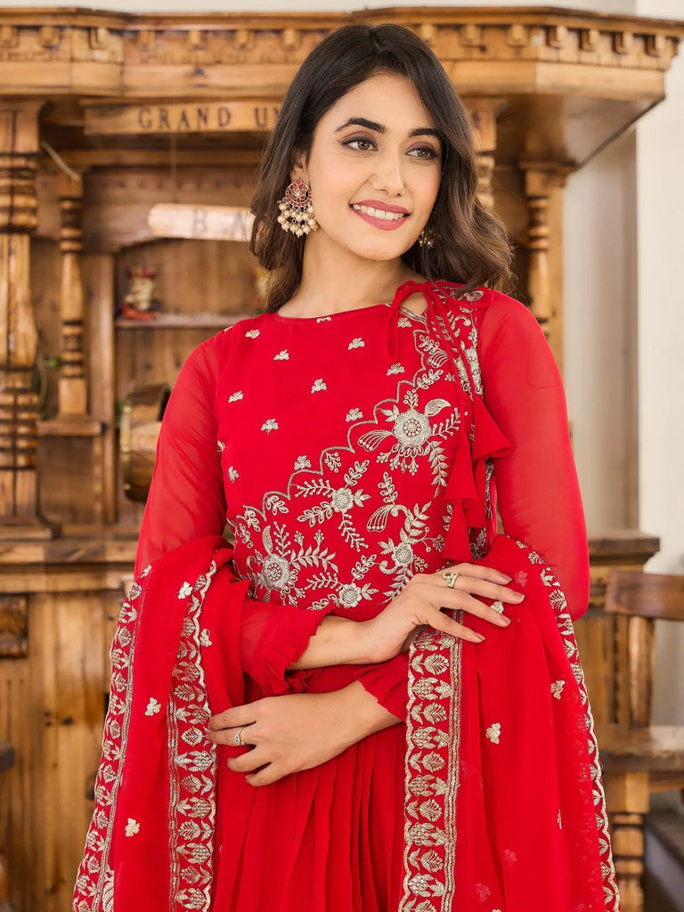Attractive Red Embroidered Georgette Function Wear Gown With Dupatta