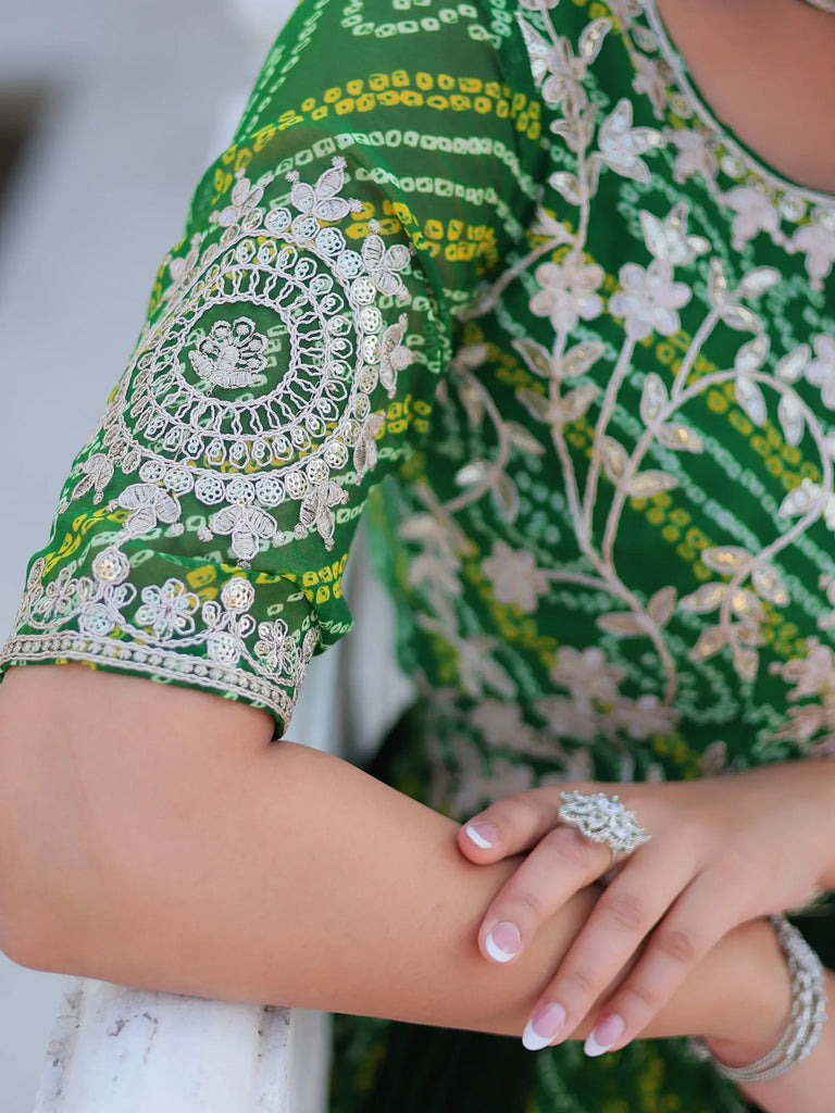 Stunning Green Bandhani Printed Georgette Festival Wear Gown