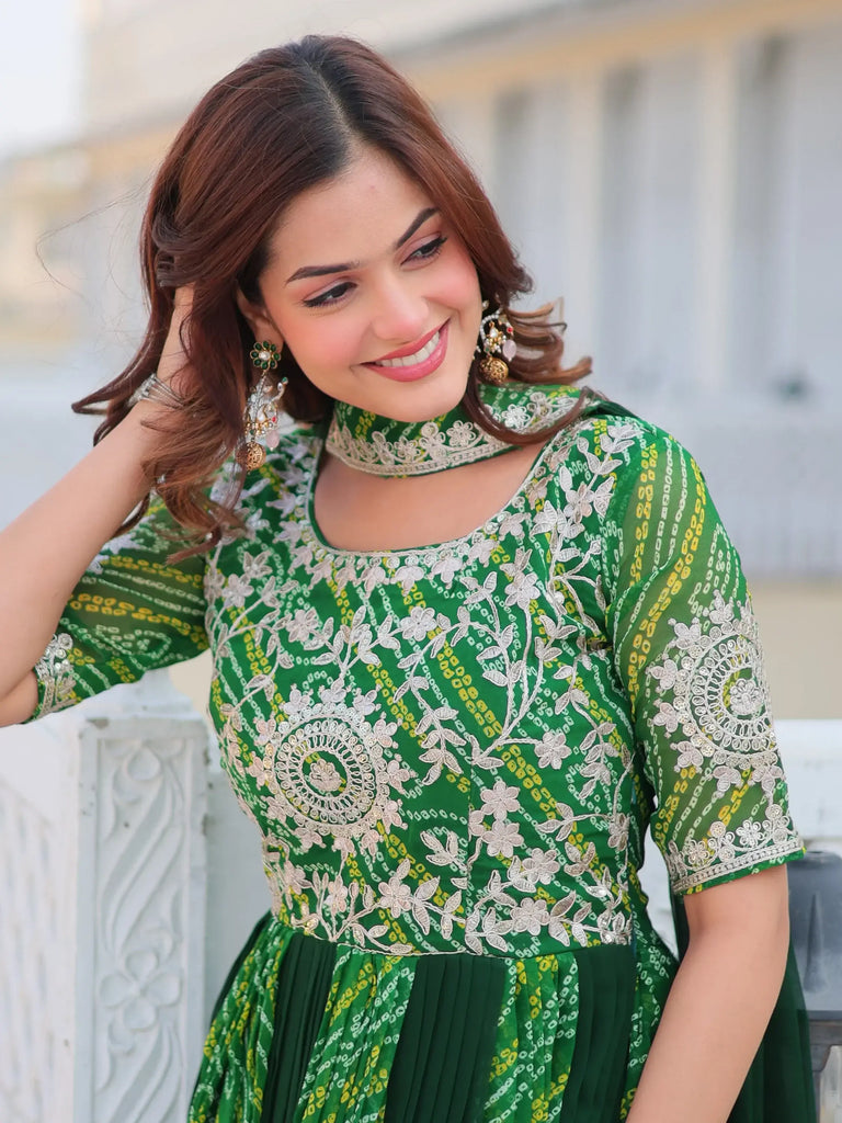 Stunning Green Bandhani Printed Georgette Festival Wear Gown