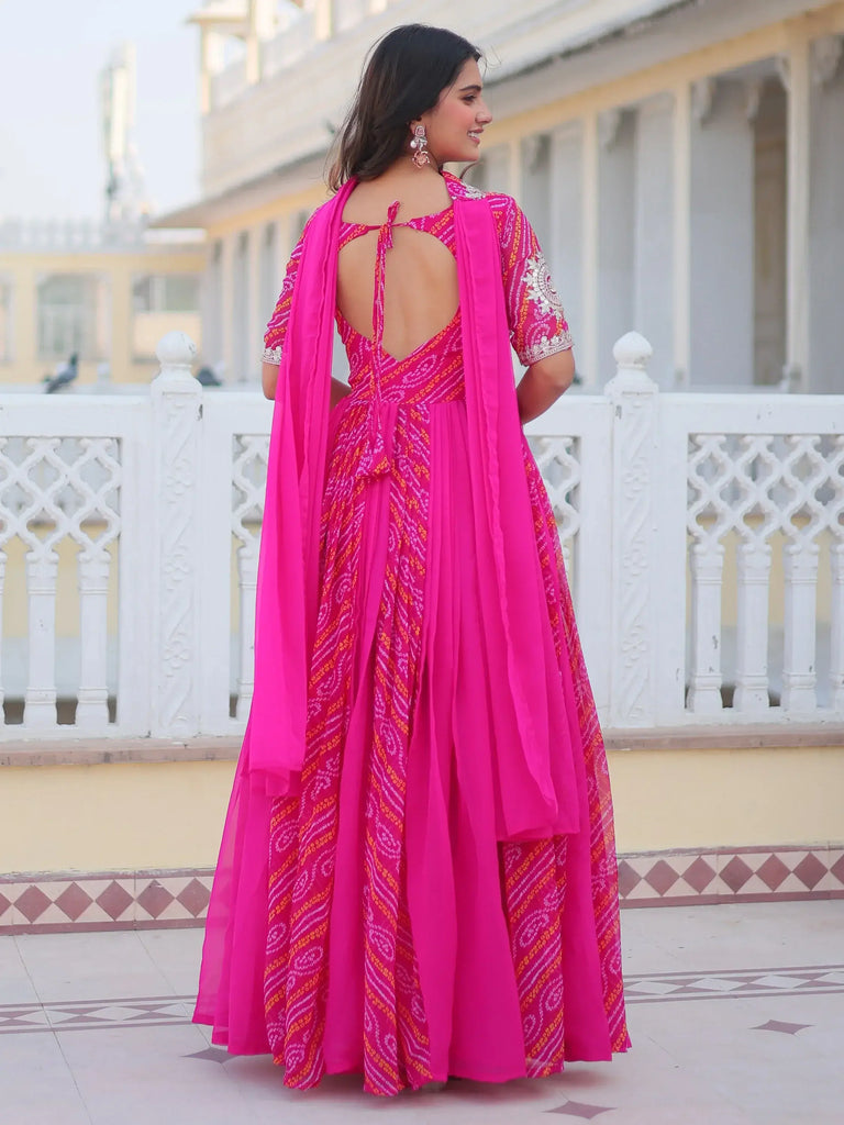 Attractive Rani Pink Bandhani Printed Georgette Event Wear Gown