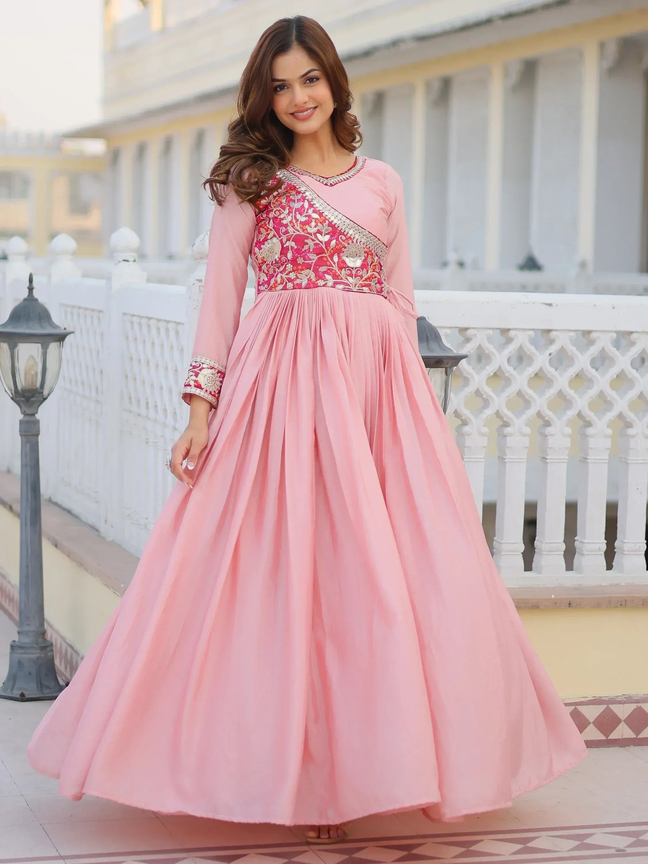 Pink embroidered anarkali gown with floral detailing, perfect for Indian ethnic occasions