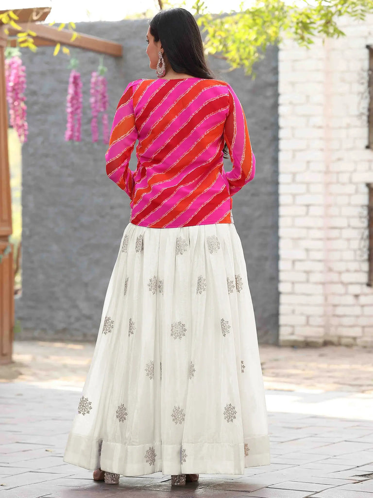 Precious Off-White Chinon Gown With Leheriya Printed Jacket