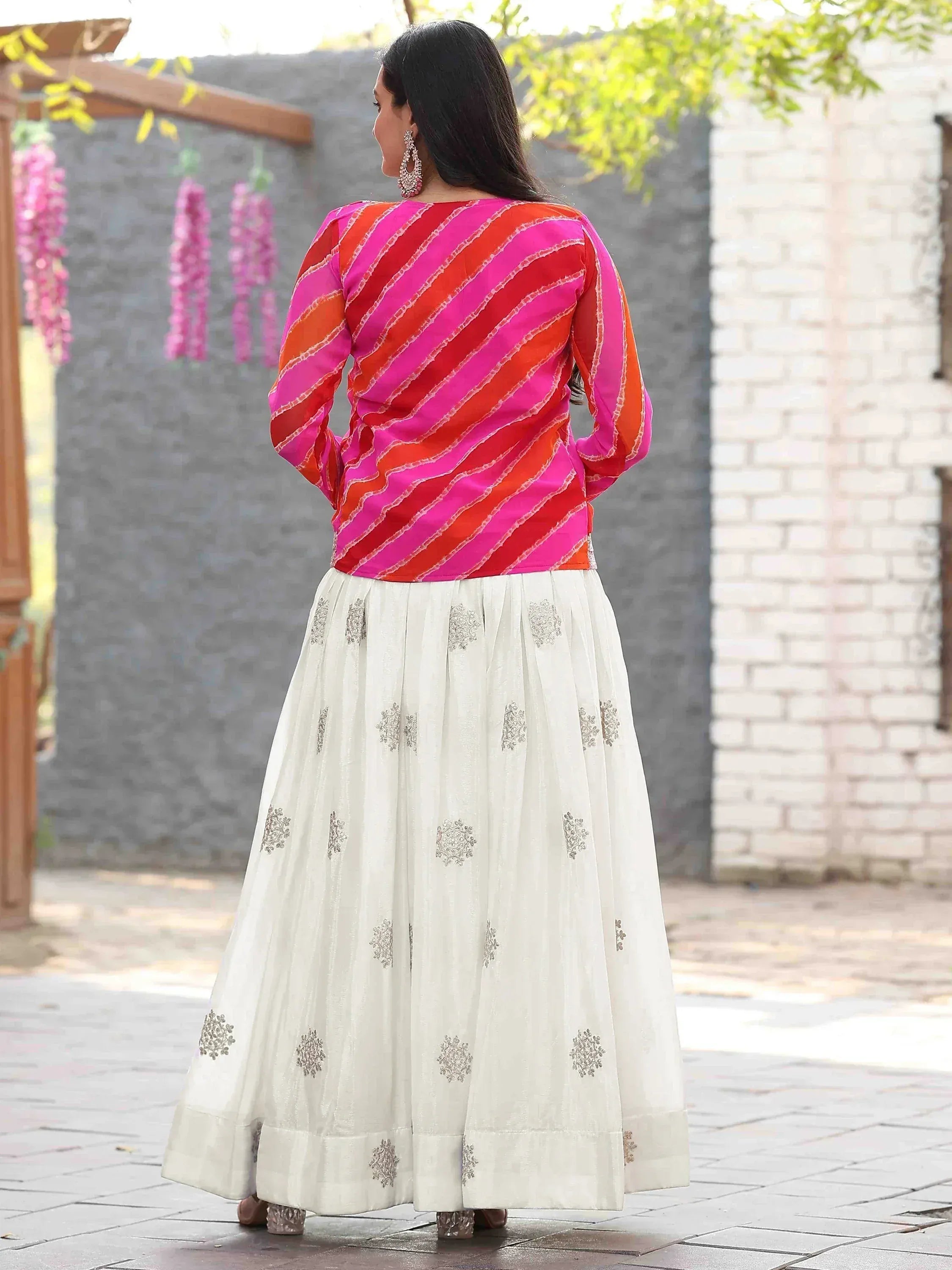 Vibrant pink and orange striped top with white embroidered skirt, Indian ethnic wear