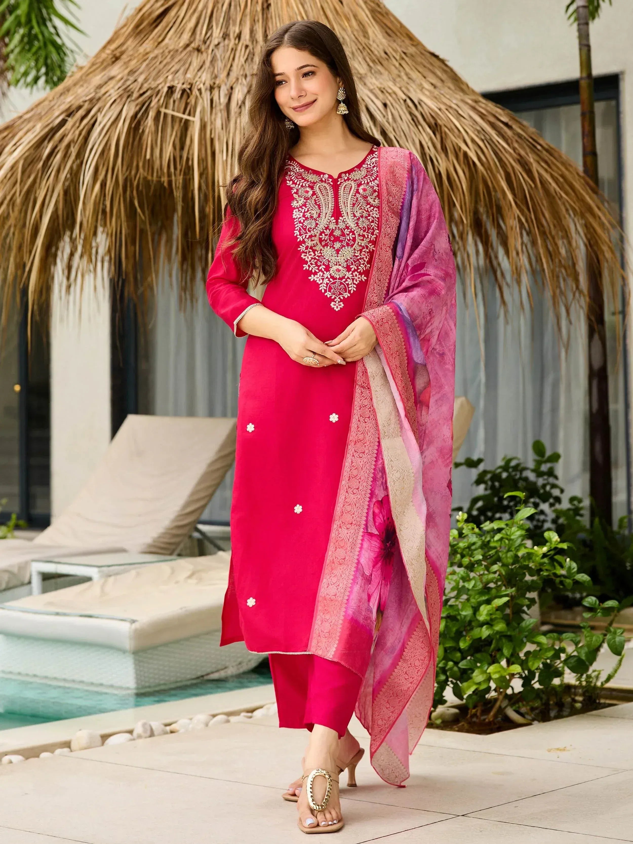 Pink embroidered salwar kameez with floral dupatta, perfect for Indian ethnic wear occasions
