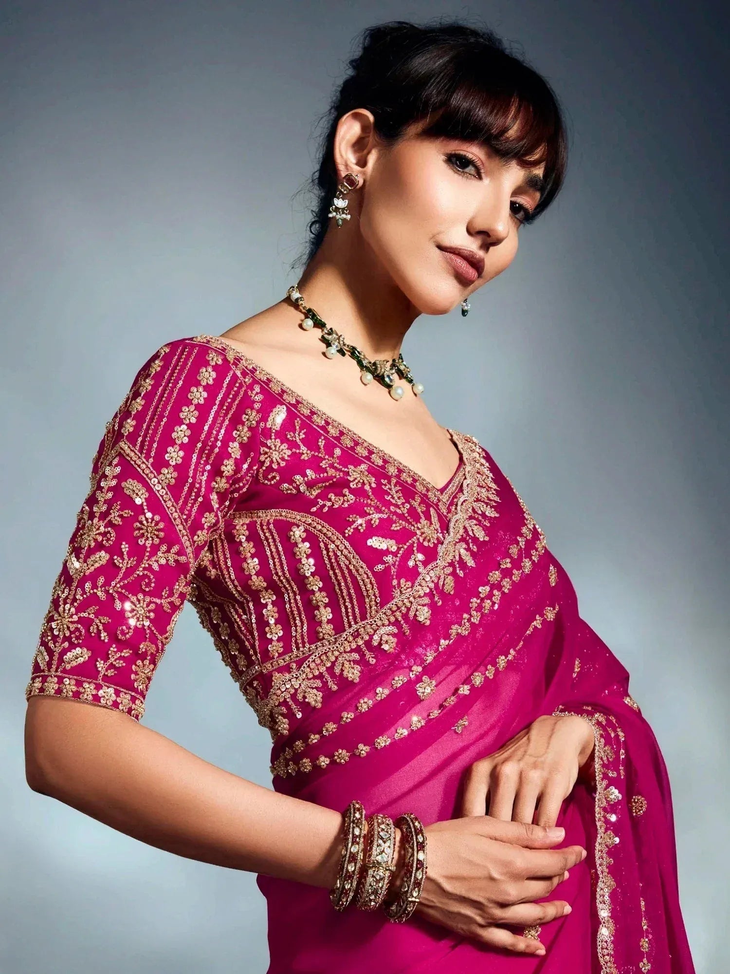 Elegant mauve lehenga choli with floral embroidery, sheer sleeves, and matching dupatta for Indian ethnic wear
