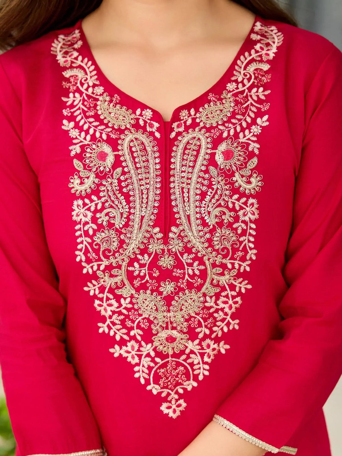 Red ethnic kurti with intricate gold and pink floral embroidery, perfect for Indian wear