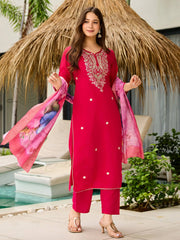 Tantalizing Pink Viscose Sequins Festival Wear Straight Suit
