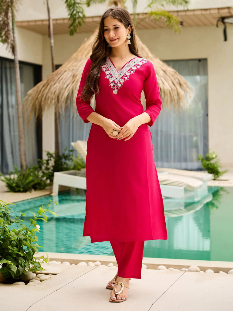 Awesome Rani Pink Rayon Thread Work Festival Wear Pant Suit