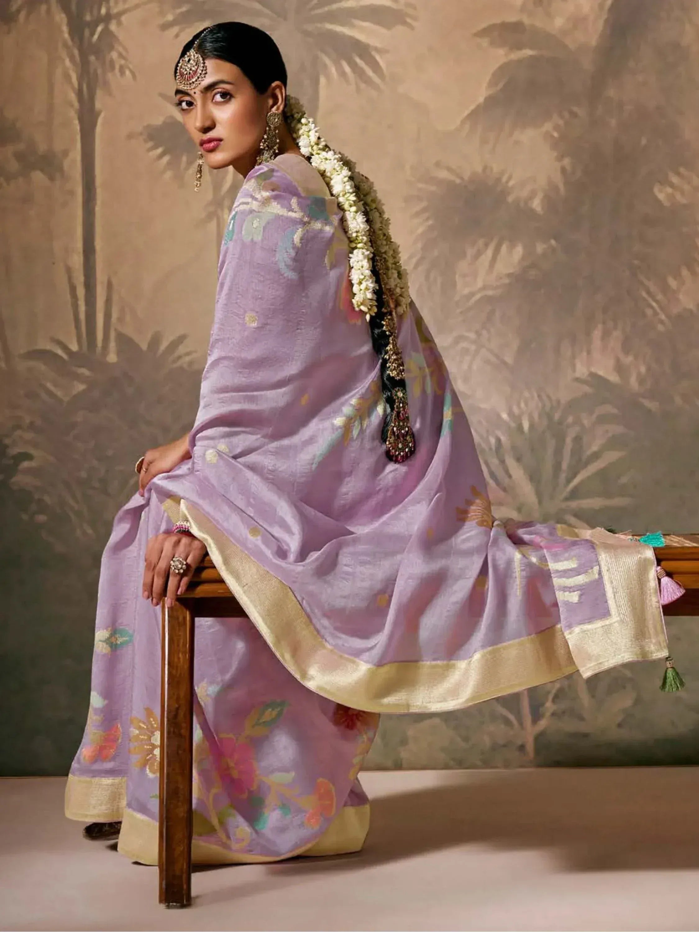 Lavender floral saree with gold border, traditional Indian ethnic wear for women