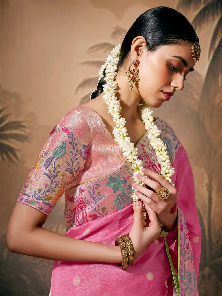 Marvelous Pink Color Weaving Silk Engagement Wear Saree With Blouse