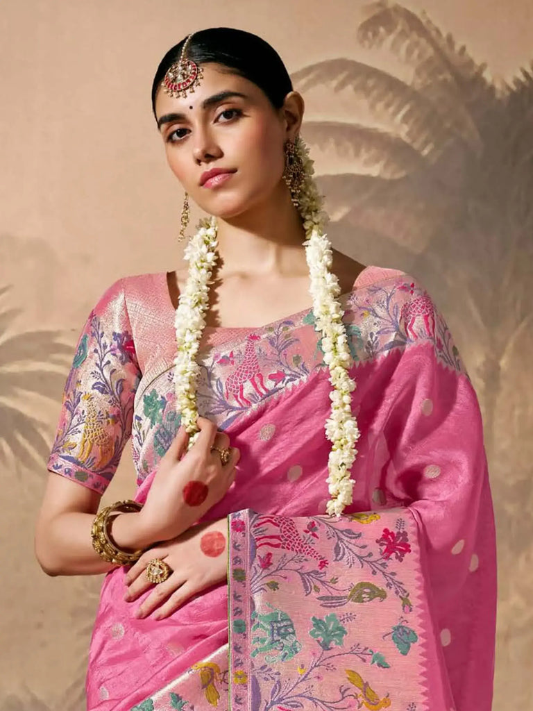 Marvelous Pink Color Weaving Silk Engagement Wear Saree With Blouse