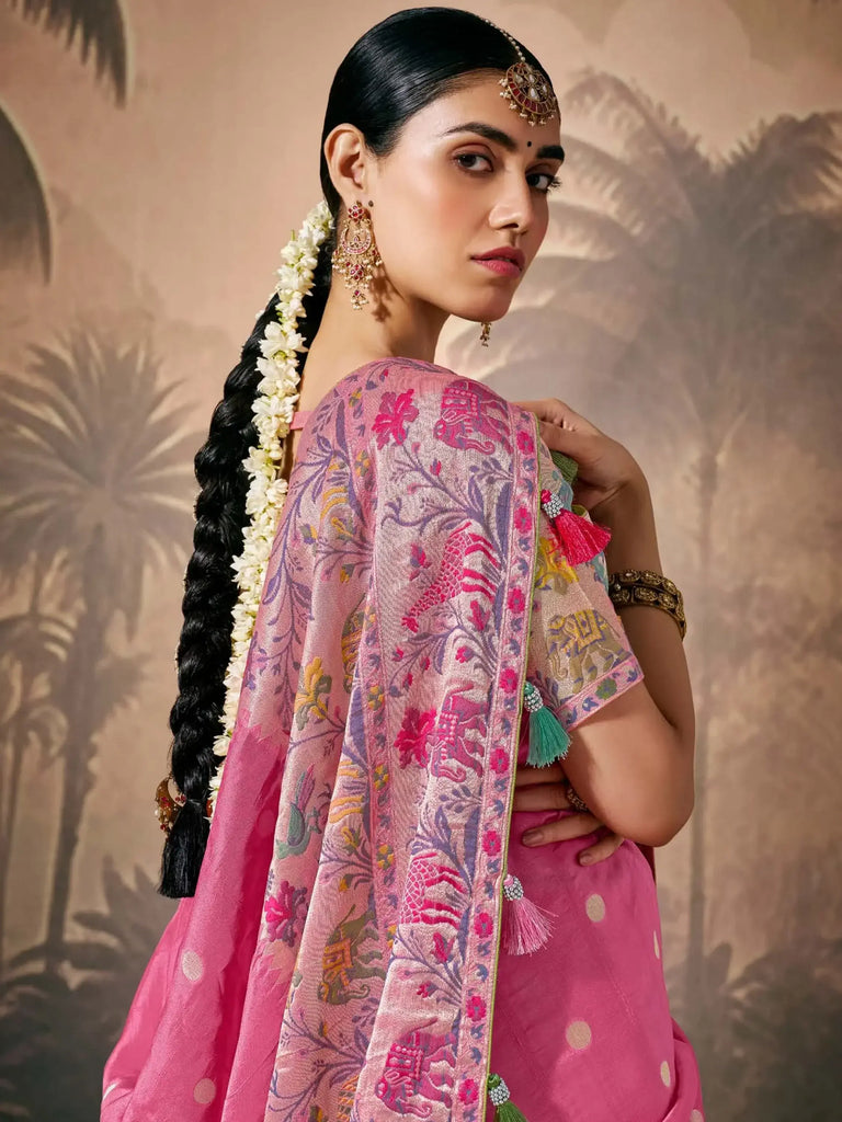 Marvelous Pink Color Weaving Silk Engagement Wear Saree With Blouse