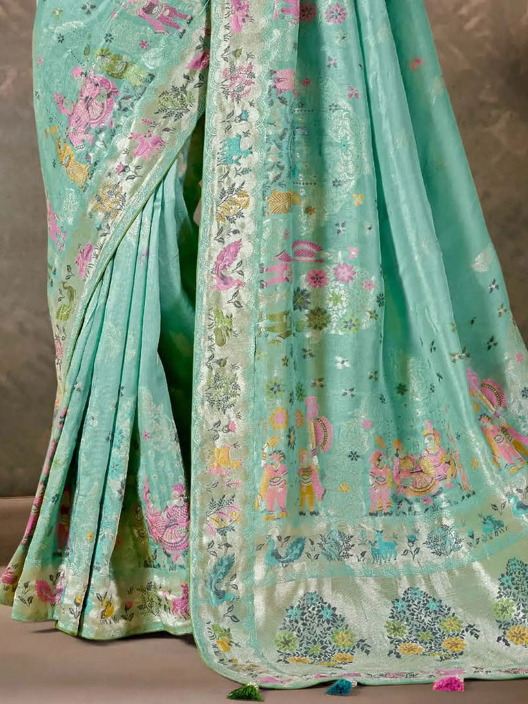 Amazing Mint Green Weaving Silk Wedding Wear Saree With Blouse