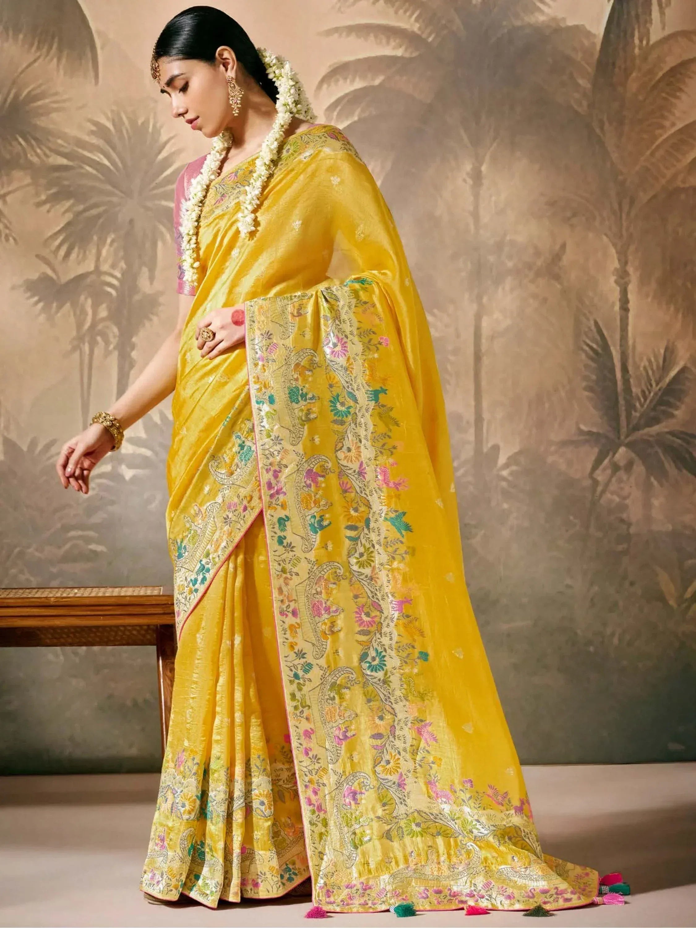 Yellow floral embroidered saree with pink blouse, perfect for Indian ethnic occasions