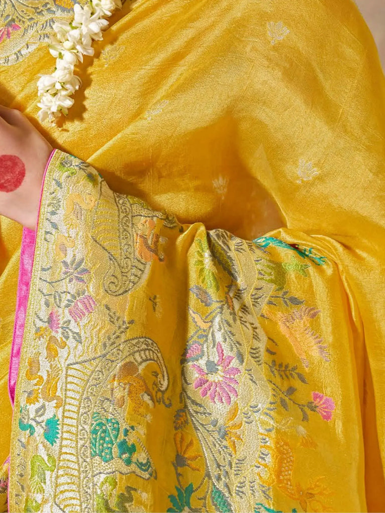 Extraordinary Mustard Color Weaving Silk Haldi Wear Saree With Blouse