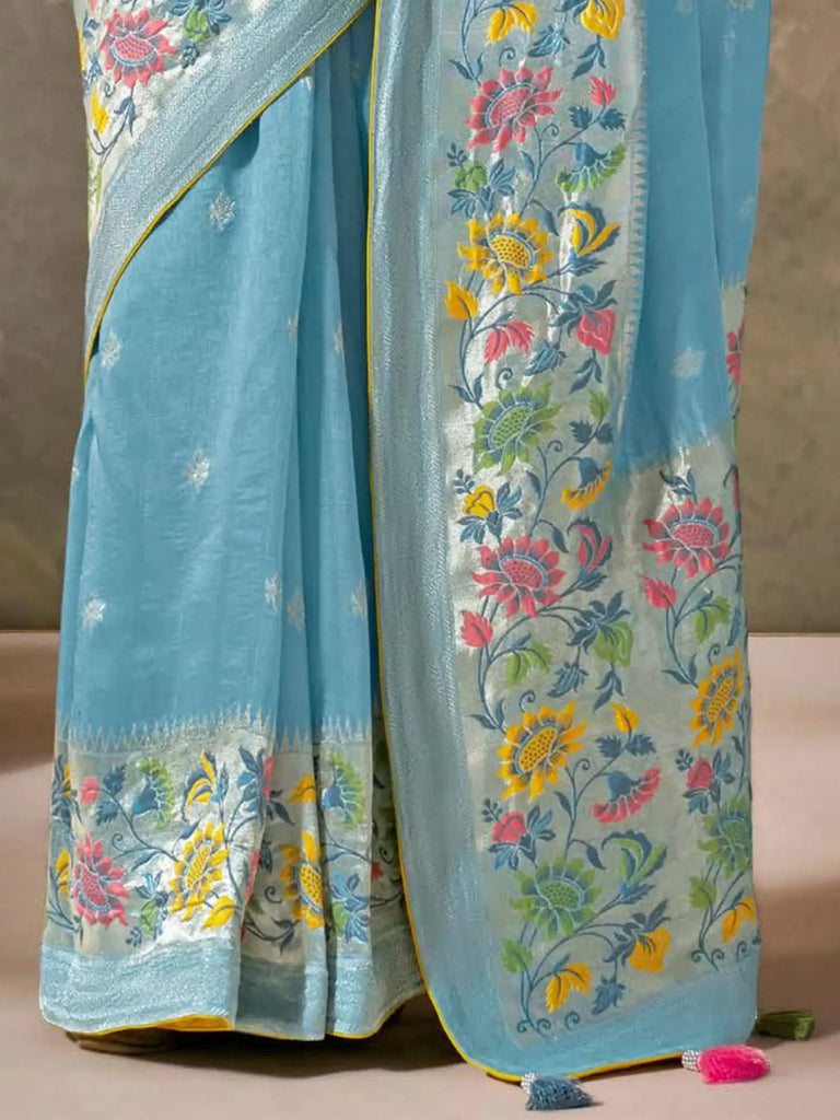 Fabulous Sky Blue Color Weaving Silk Function Wear Saree With Blouse