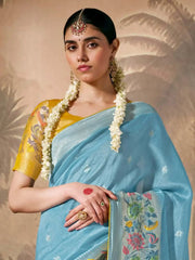 Fabulous Sky Blue Color Weaving Silk Function Wear Saree With Blouse